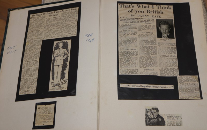 Danny Kaye - an album of original unpublished photos, autographs, newspaper cuttings, ticket stubs, his used luggage labels.